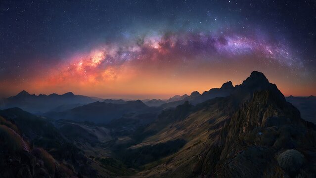 Breathtaking panoramic view of the Milky Way galaxy over rugged mountain peaks at night.
