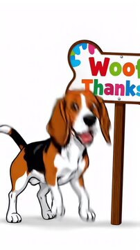 Beagle dog standing next to woof thanks sign.