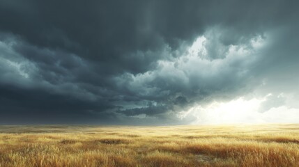 Fototapeta premium Dramatic Sky Over Fields at Dusk with Dark Clouds and Sunlight Breaking Through Softly Glowing Landscape in Early Evening Atmosphere