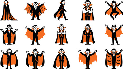 Fototapeta premium Set of cute cartoon vampire characters in various poses for halloween party decorations and festive graphic design projects