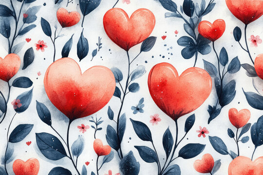 Decorative White Background with Red Hearts and Pink Flowers