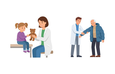 Obraz premium Pediatrician examining a little girl with a teddy bear and a doctor helping an elderly man