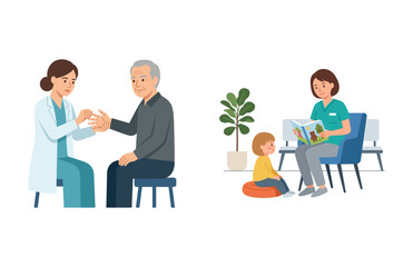 Friendly doctor examining senior patient's hand and nurse reading a story book to a child