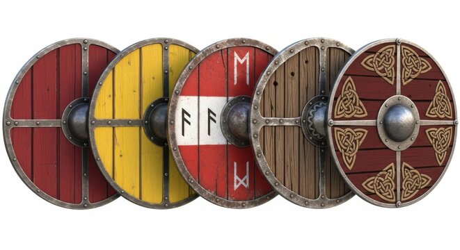 Set of five different round viking wooden shields with traditional patterns and ancient runes
