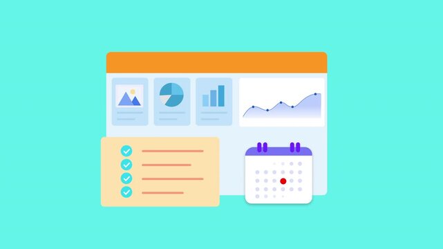Flat vector animated business analytics dashboard featuring charts, task management, calendar scheduling, and workflow interface. Ideal for productivity, planning, reporting, and technology