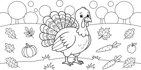 Fototapeta premium Cute cartoon turkey bird standing outdoors surrounded by autumn leaves pumpkins acorns fall harvest season festive holiday illustration black white line art coloring page