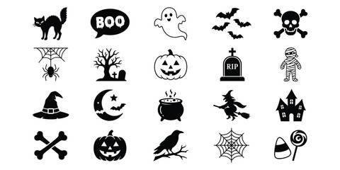 Fototapeta premium Collection of black silhouette icons representing spooky holiday celebration themes featuring ghosts bats pumpkins skulls witches cats monsters spiders haunted castles graveyard spooky elements