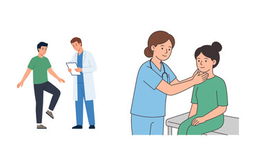 Fototapeta premium Medical examinations set with a doctor checking a patient and nurse examining a throat