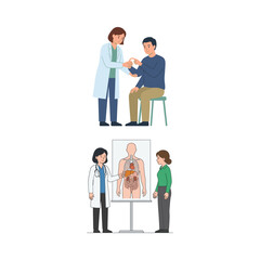 Obraz premium Doctor consulting patients in medical clinic showing anatomy chart and examining arm