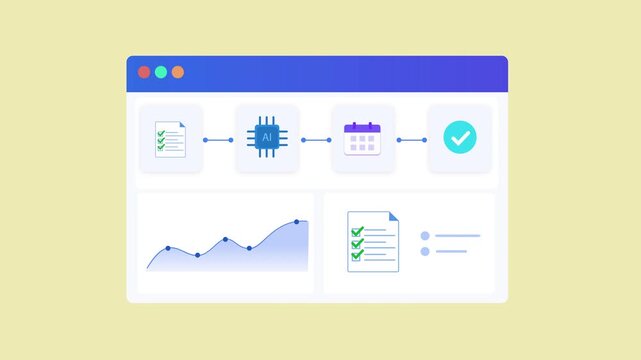 Flat vector animated task management dashboard featuring checklist, calendar scheduling, analytics chart, processor, and workflow interface. Ideal for productivity, business, and technology motion gra