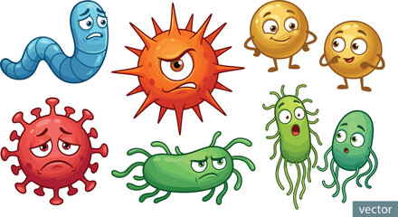 Obraz premium Cartoon Bacteria and Virus Mascot Character Set with Microbe, Germ, and Pathogen Icons Isolated on White Background for Educational Medical Graphic Designs