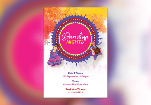 Editable Navratri Dandiya Night Festival Invitation Flyer Template with Indian Woman Playing Dandiya and Male Drummer Illustration.