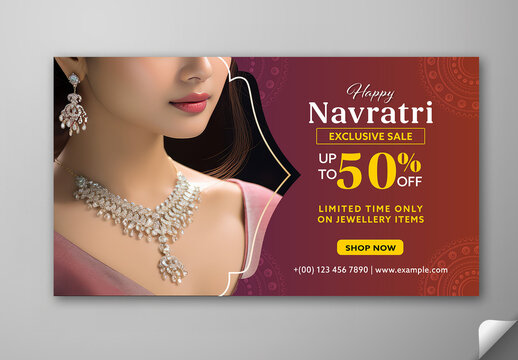 Editable Happy Navratri Jewellery Sale TV Ads Banner Template with Up to 50 Percent Off, Diamond Necklace and Earrings on Woman Portrait Closeup Photo.