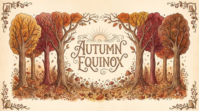 Whimsical Hand Painted Autumn Equinox Forest Scene with Falling Leaves and Berries