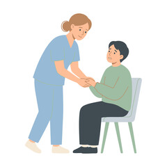 Obraz premium A caring nurse comforting and holding hands of a worried male patient sitting on a chair
