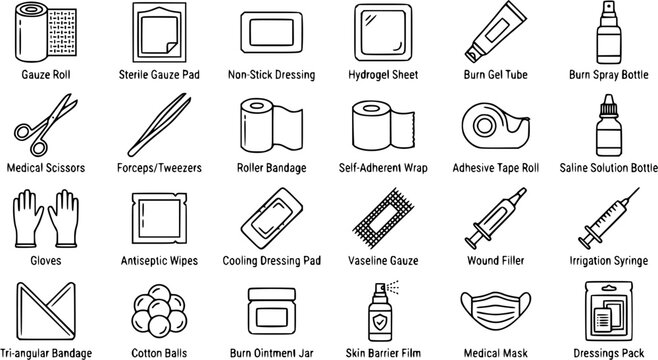 Black and White Line Art Medical First Aid Supplies Icons Set for Healthcare, Wound Care, and Emergency Treatment