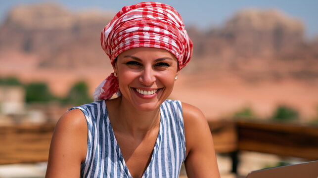 Middle Eastern Woman Wearing Cozy Knit Sweater and Stylish Scarf, Exuding Confidence and Warmth in a Bustling Urban Coffee Shop