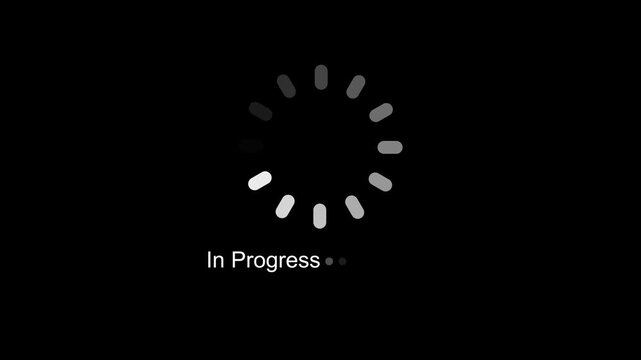 In Progress Text Status Indicator with Animated Circular Progress Spinner and Dots UI Graphic Interface Element Seamless Loop Video on Black Background for Software Execution and Web App UX.