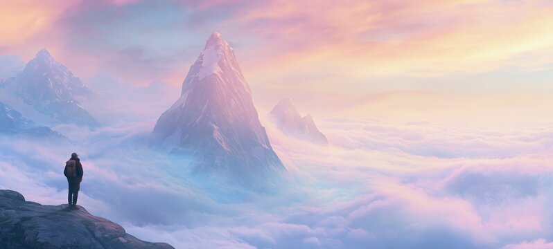 rial View of a Solo Traveler Overlooking Majestic Mountain Peaks Rising Above a Sea of Clouds at Sunrise with Expansive Copy Space, Epic Alpine Landscape, Adventure Travel and Exploration