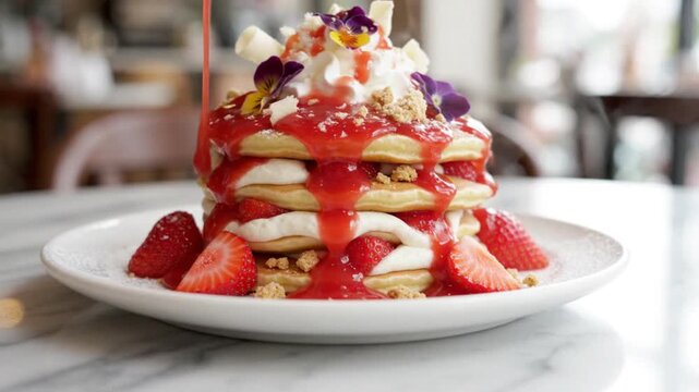 Delicious Stack of Fluffy Pancakes Topped with Fresh Strawberries, Whipped Cream and Berry Sauce Pour