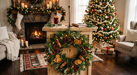 Fototapeta premium Cozy Christmas interior with wooden podium, festive wreath, fireplace, and decorated tree