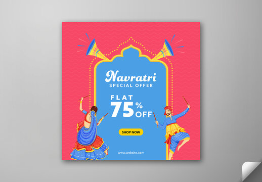 Editable Navratri Festival Sale Social Media Post Template with 75 Percent Offer and Indian Couple Playing Dandiya Illustration on Blue and Pink Background.