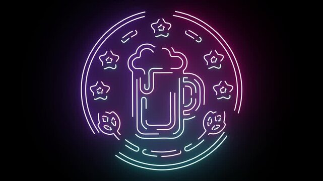 Glowing neon beer mug sign with rotating pink and blue lights inside a circular star border on a dark background for bar pub or oktoberfest