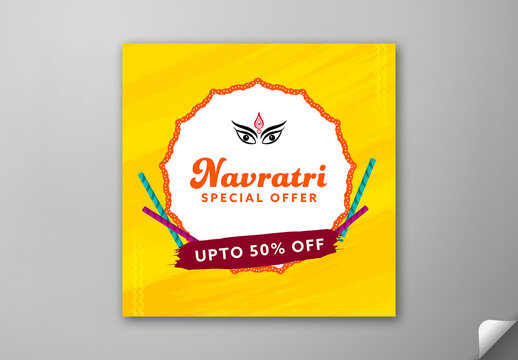 Editable Navratri Festival Sale Social Media Post Template with Up to 50 Percent Off, Dandiya Sticks and Creative Durga Maa Eyes on White Frame and Yellow Background.