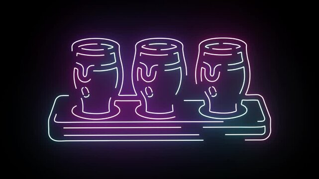 Glowing neon sign of a beer flight with three filled glasses on a wooden tray flickering in vibrant pink and blue colors against a dark backdrop