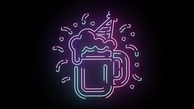 Glowing retro neon sign of a foaming beer mug wearing a festive party hat with sparkling confetti on a dark black background in loopable animation