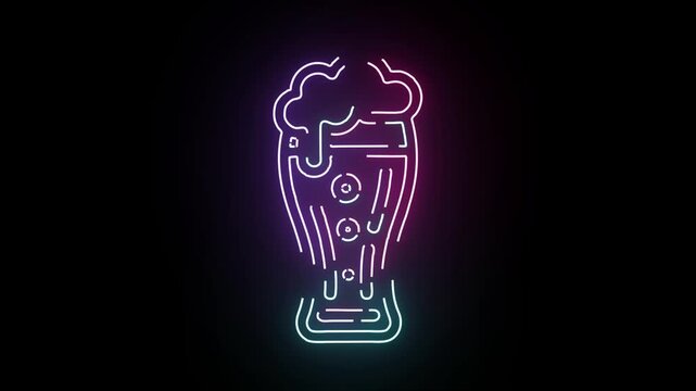 Vibrant neon beer glass sign with thick foam glowing in shifting purple pink and blue colors on a dark black background for bar pub or night club