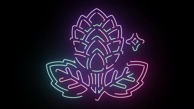 Glowing neon hop cone with leaves and star on black background moving with purple and blue digital led light effect for craft beer brewery pub