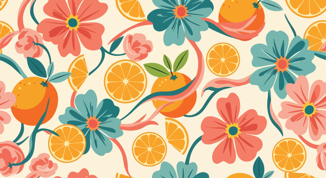Colorful floral pattern with orange and pink blossoms.