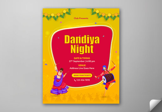 Editable Navratri Dandiya Night Festival Invitation Post Template with Indian Woman Playing Dandiya and Male Drummer Illustration on Red and Yellow Background.