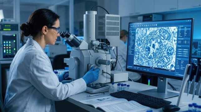 Scientific research analysis: female scientist, electron microscope, medical study, biological cell, clinical test, biotechnology expert, molecular biology, digital screen, genetic code.