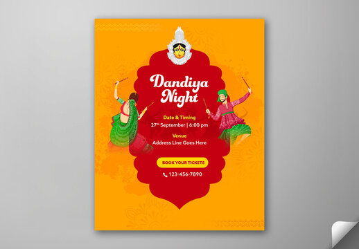 Editable Navratri Dandiya Night Festival Invitation Flyer Template with Indian Couple Playing Dandiya Together and Venue Details on Red and Orange Background.