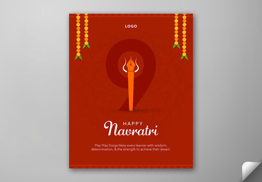 Editable Happy Navratri Festival Social Media Greeting Post Template with Creative Fountain Pen Shaped Trishul, Number Nine and Floral Toran Decorations on Red Mandala Background