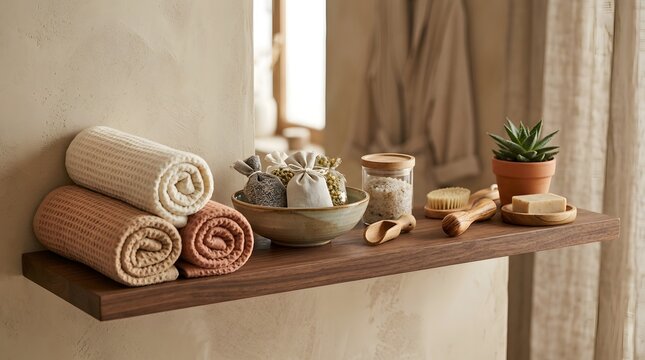 Soft Rolled Towels on Wood Shelf with Spa Accessories