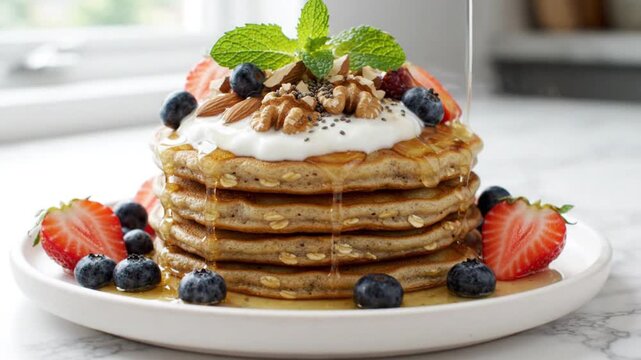 Delicious Stack of Healthy Oatmeal Pancakes with Berries and Nuts Topped with Pouring Maple Syrup