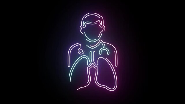 Glowing neon doctor with lungs icon animation on black background showing medical care and respiratory health concept in purple and blue lights