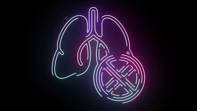 Glowing neon lungs with stop sign symbol on black background animating with purple and teal light flickering for health and no smoking campaigns