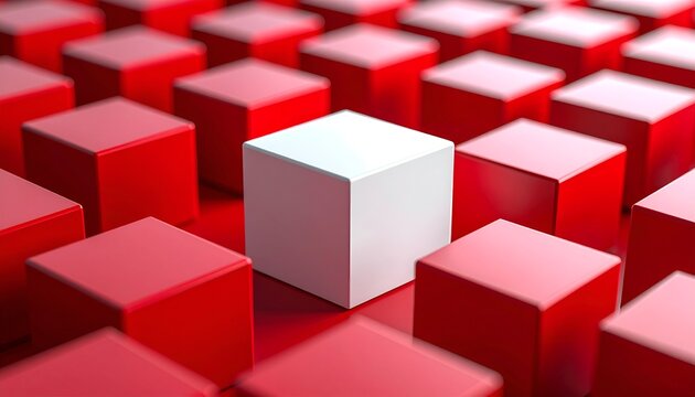 Single white cube surrounded by red cubes in a geometric layout, representing uniqueness, leadership, innovation, business strategy, and competitive positioning.