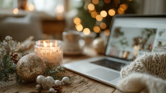Cozy living room adorned with digital Christmas cards and festive decorations during the holiday season
