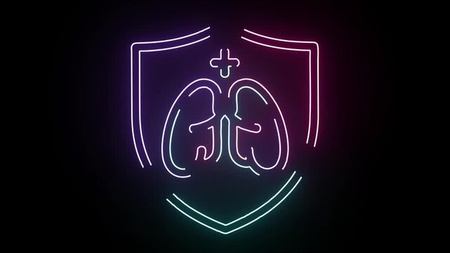 Glowing neon shield with medical cross protecting human lungs inside animated on black background representing respiratory health and strong immunity
