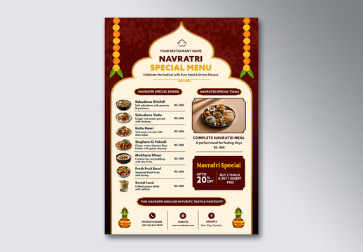 Editable Navratri Special Food Menu Flyer Template for Indian Restaurant with Order Details on Festive Background.