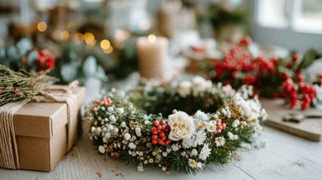 Creating beautiful DIY Christmas gift sets with wreath making kits surrounded by festive decorations on a cozy table