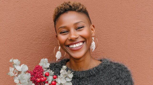 Joyful woman celebrates eco friendly Christmas with festive mini compositions adorned with natural elements