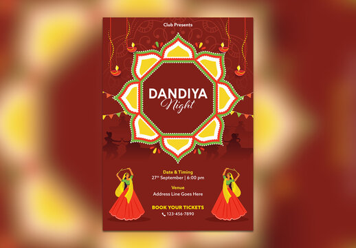 Editable Navratri Dandiya Night Festival Invitation Flyer Template with Indian Women Playing Dandiya on Burnt Red Background and Venue Details.