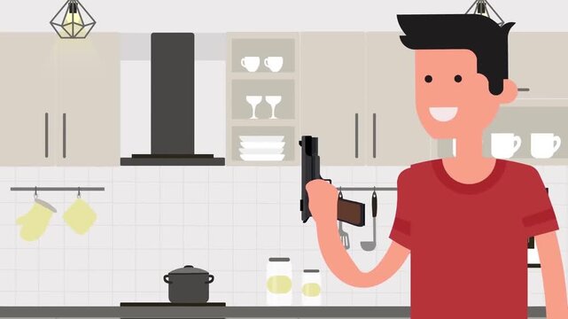 2D Animated Young Man Holding Pistol Gun inside Modern Kitchen Room Flat Vector Character Animation Footage