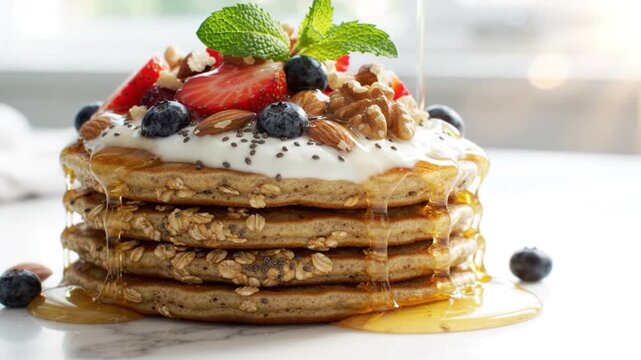 Maple syrup pouring over healthy oatmeal pancakes stack with fresh berries, nuts and Greek yogurt